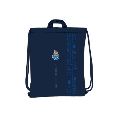 mochila saco azul escuro com emblema do FC Porto e texto vertical azul claro