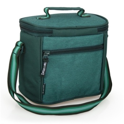 Bolsa térmica verde escura com alça ajustável e bolso frontal com fecho