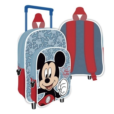 Mala de rodinhas e mochila com estampa do Mickey Mouse em azul, vermelho e preto