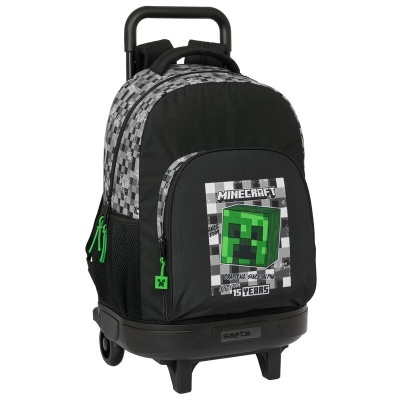 Mochila de rodinhas preta com padrão quadriculado cinza e imagem de Minecraft