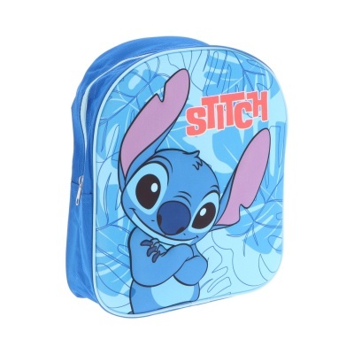 Mochila azul clara com personagem Stitch e texto STITCH