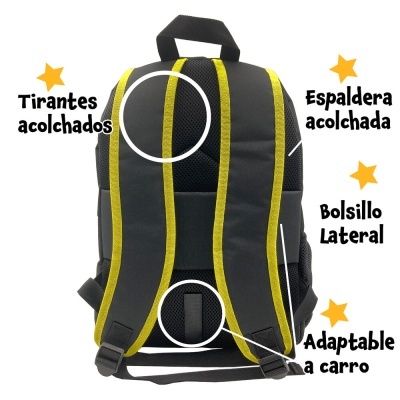 Mochila preta e amarela de costas, com tiras acolchoadas e espaldar acolchoado
