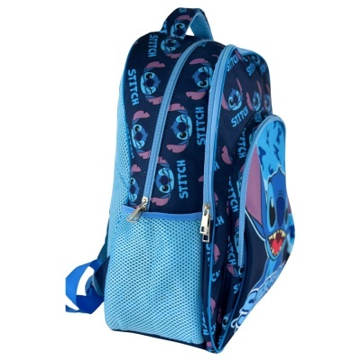 Mochila azul com padrão de personagens Stitch da Disney e bolso lateral de malha azul