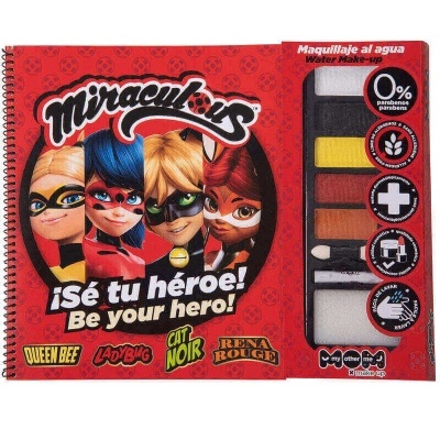 Estojo de maquilhagem Miraculous vermelho com paleta de várias cores e personagens na capa