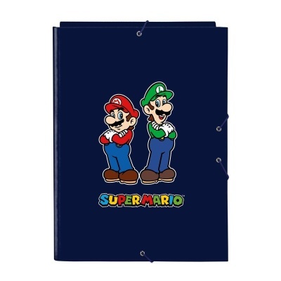 Pasta escolar azul com personagens Mario e Luigi e texto SUPER MARIO