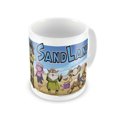 Caneca branca com ilustração de personagens animados e texto 'SANDLAND'
