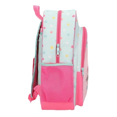 Mochila infantil azul claro com flores e detalhes rosa vista lateral