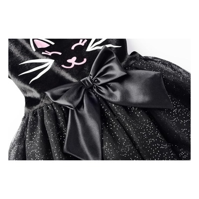 Vestido preto com estampa de gato, laço de cetim e saia com glitter