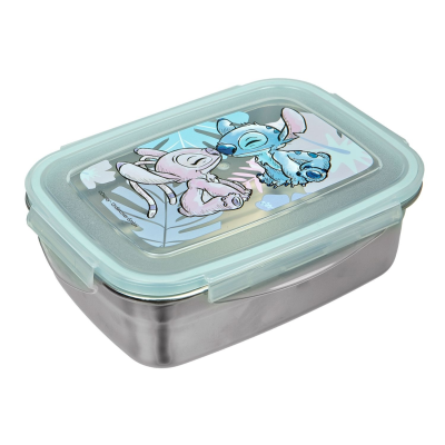 Pote de armazenamento retangular com tampa azul claro e personagens Stitch e Angel.