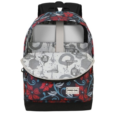 Mochila floral azul e vermelha com interior cinzento e padrão PRO DG