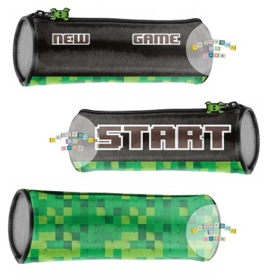 Estojo cilíndrico preto e verde com textos 'NEW GAME' e 'START' em branco