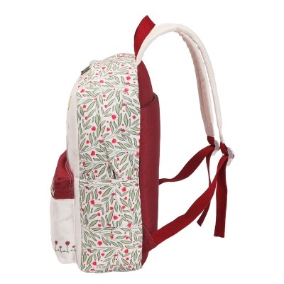 Mochila floral vermelho e branco vista de lado