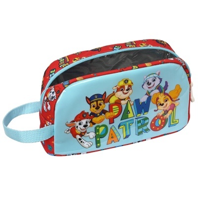 Necessaire Paw Patrol azul e vermelha com personagens e fecho de correr