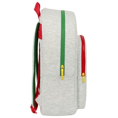 Mochila cinza claro com zíper verde e vermelho, vista lateral