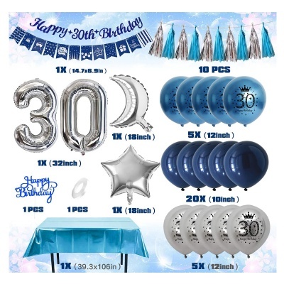 Decoração festa aniversário 30 anos com balões e faixa azul e prateada