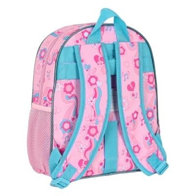Mochila infantil rosa e azul com padrão de flores e corações