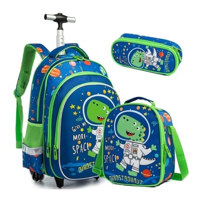 Conjunto mochila carrinho, lancheira e estojo com estampa de dinossauro astronauta em azul e verde