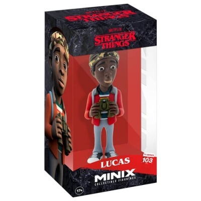 Figura colecionável Minix Lucas Stranger Things da Netflix, com binóculos, embalagem preta e vermelha