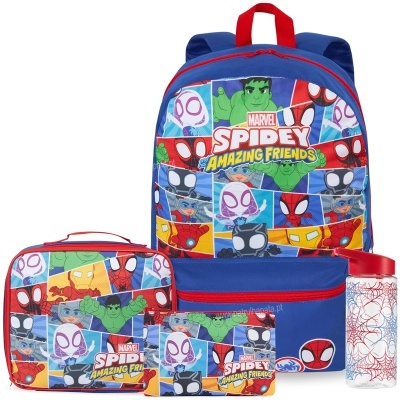 Conjunto de mochila, lancheira, nécessaire e garrafa com personagens Marvel Spidey e amigos