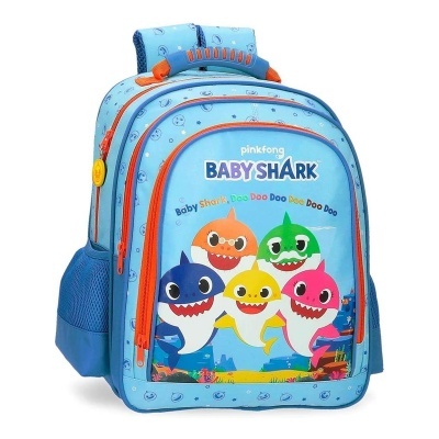 Mochila infantil azul com personagens Baby Shark coloridos
