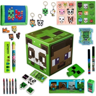 Conjunto de produtos de papelaria e acessórios com tema Minecraft sobre fundo branco