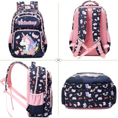 Mochila infantil azul e rosa com unicórnios e texto Meisoluat