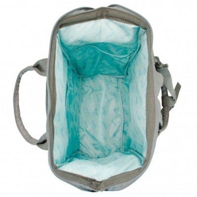 Mala térmica cinzenta com interior azul claro e alça lateral