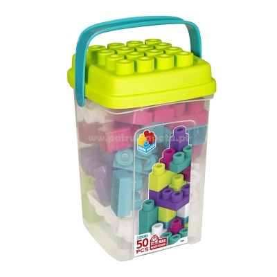 Caixa plástica transparente com blocos de construção coloridos