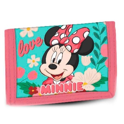 Carteira infantil Minnie Mouse azul e rosa com flores