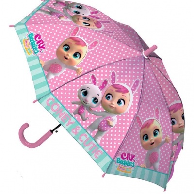 Guarda-chuva rosa com personagens animados de bebés e texto CRY Babies
