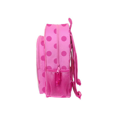 Mochila rosa com bolas cor-de-rosa escuras de perfil