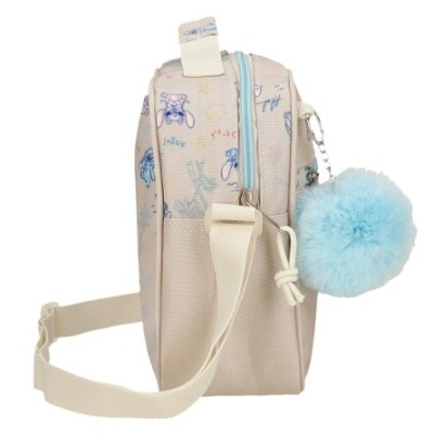 Bolsa creme com estampados e pompom azul claro