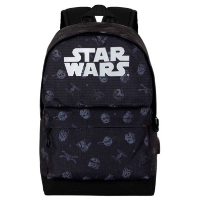 mochila preta Star Wars com padrão cinza e texto branco