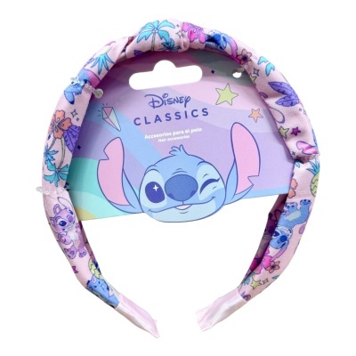 Acessório de cabelo Disney com estampas do Stitch e embalagem azul clara.