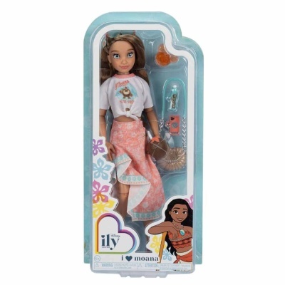 Boneca Moana com saia rosa e t-shirt branca em embalagem plástica transparente