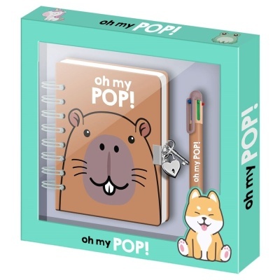 Conjunto diário castor e caneta oh my POP! em caixa azul com desenhos