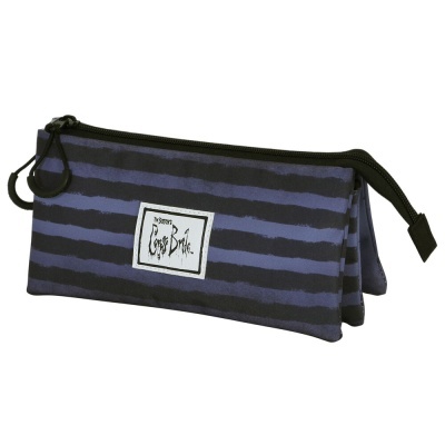 Estojo escolar com padrão de riscas azul escuro e preto e etiqueta com texto