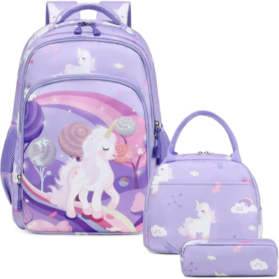 Conjunto escolar lilás com mochila, lancheira e estojo com unicórnio e arco-íris
