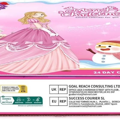 Embalagem com ilustração de princesa, castelo e árvore de Natal