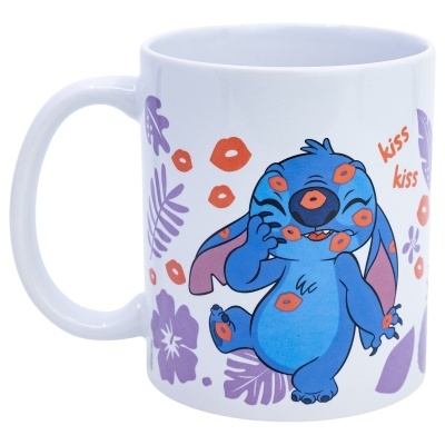 Caneca branca com personagem azul e marcas de lábios vermelhos