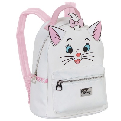 Mochila infantil branca com rosto da personagem Disney Marie e orelhas 3D