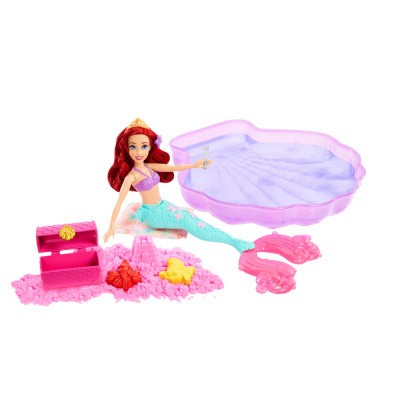 Boneca sereia com acessórios de brinquedo incluindo areia rosa, caixa e piscina lilás
