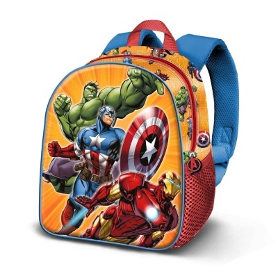 Mochila infantil com imagem dos super-heróis Hulk, Capitão América e Homem de Ferro