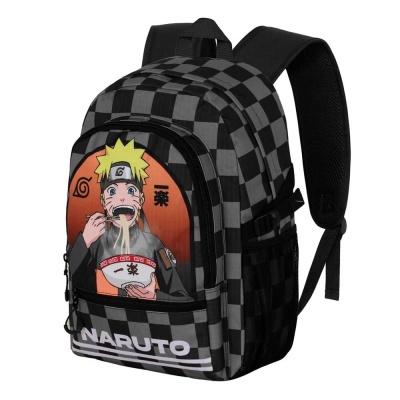 Mochila preta e cinza com padrão xadrez e imagem do personagem Naruto comendo ramen