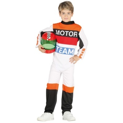 Macacão de corrida infantil colorido com texto MOTOR TEAM e capacete bicolor