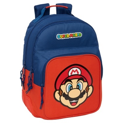 Mochila azul e vermelha com estampa do personagem Super Mario