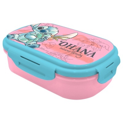 Caixa de almoço rosa e azul com personagem cartoon e texto OHANA