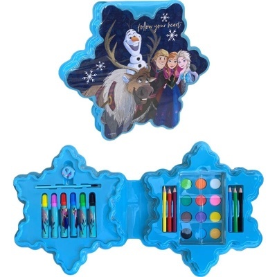 Estojo de arte azul com personagens de Frozen e materiais de desenho