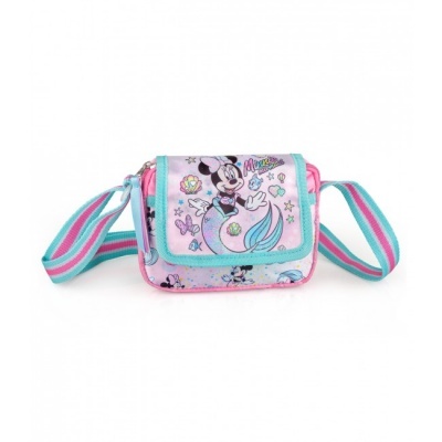 Bolsa infantil Minnie sereia rosa e azul com alça às riscas.