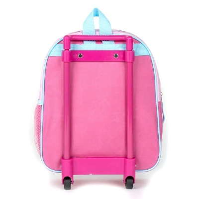 Mochila rosa com carrinho e rodas cor-de-rosa, alça azul claro